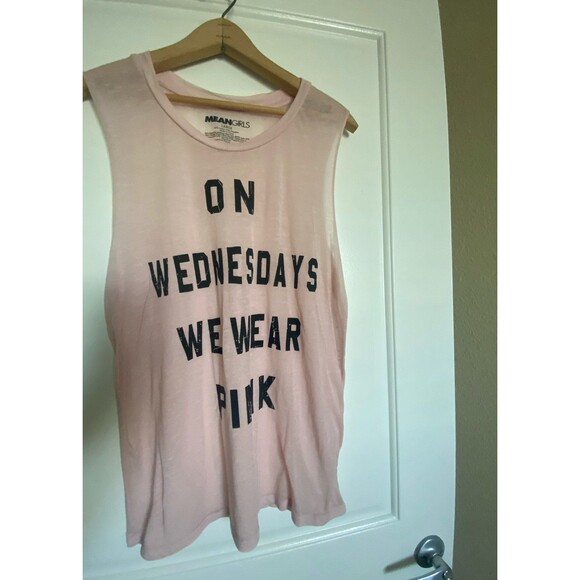 MEAN GIRLS wednesdays we wear PINK workout tshirt muscle tank top cutoff L NWOT - Picture 2 of 7